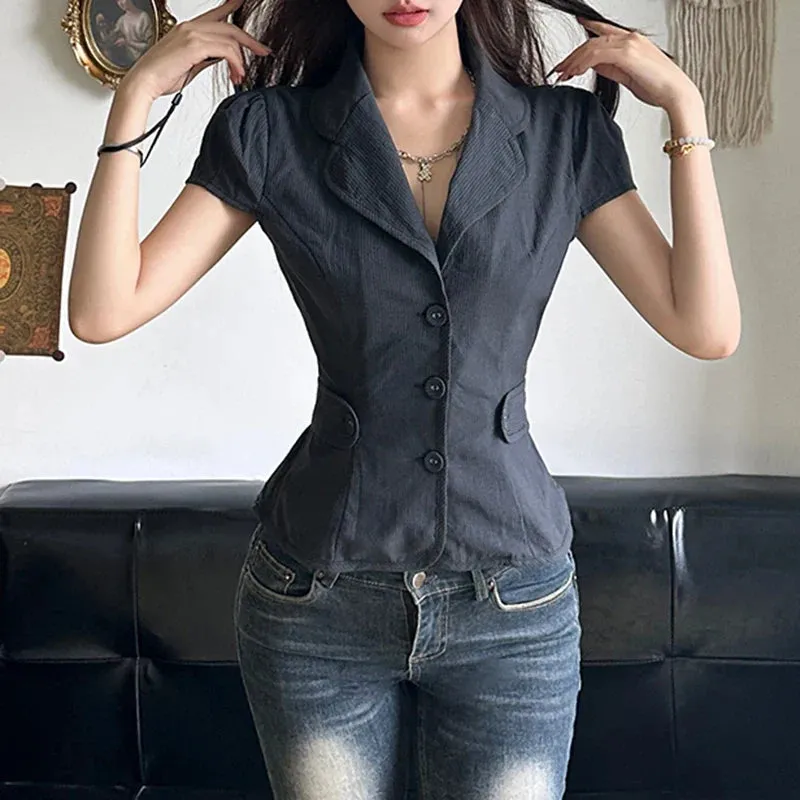 Metaversmall Streetwear Stripe Cargo Style Women Blouse Tops Buttons Belt-Waist Cardigan Jacket Ruffles Summer Shirt Cropped Chic