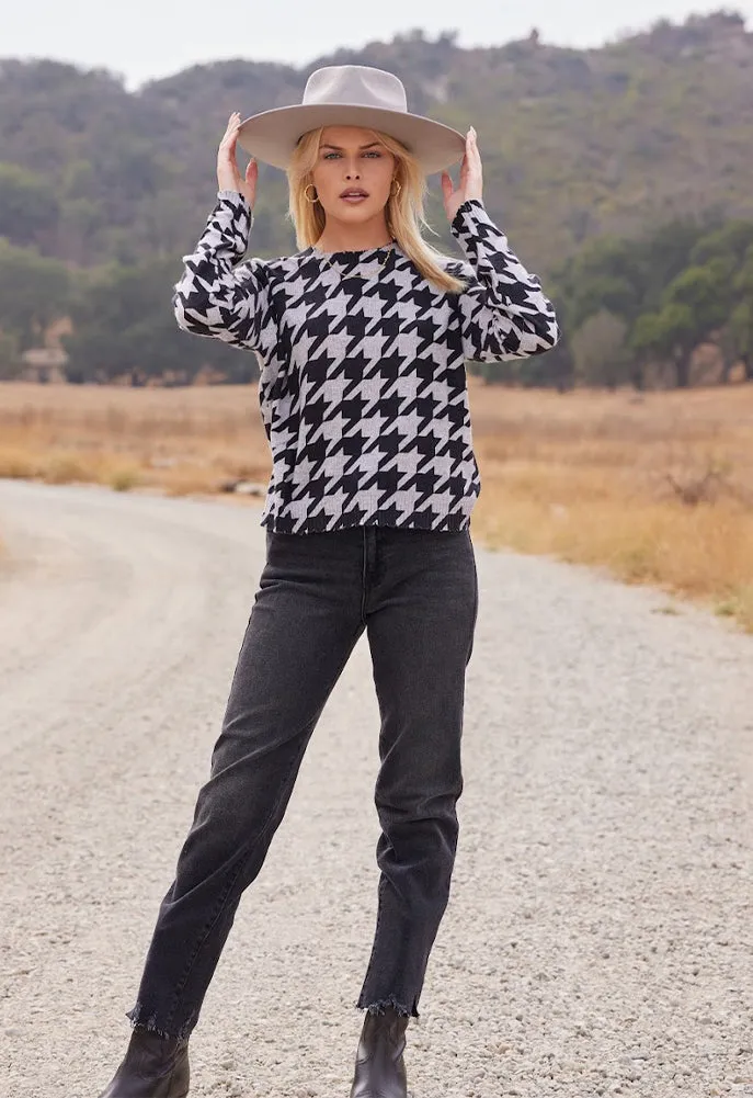 Minnie Rose Cashmere Houndstooth Frayed Cropped Crew