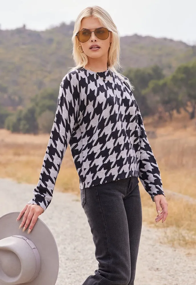 Minnie Rose Cashmere Houndstooth Frayed Cropped Crew