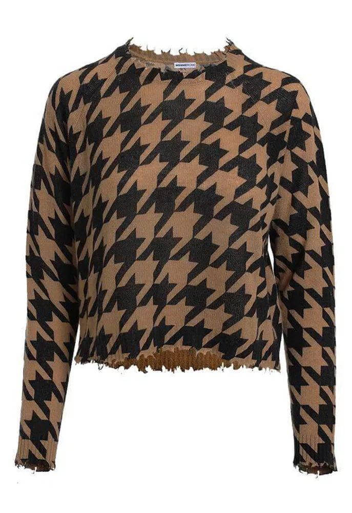 Minnie Rose Cashmere Houndstooth Frayed Cropped Crew