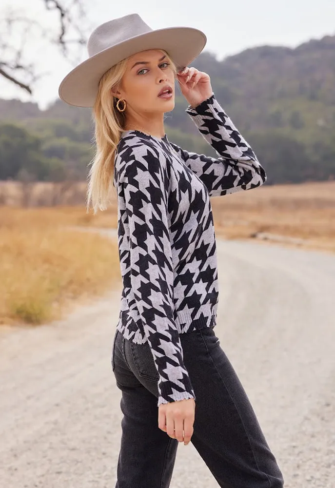 Minnie Rose Cashmere Houndstooth Frayed Cropped Crew