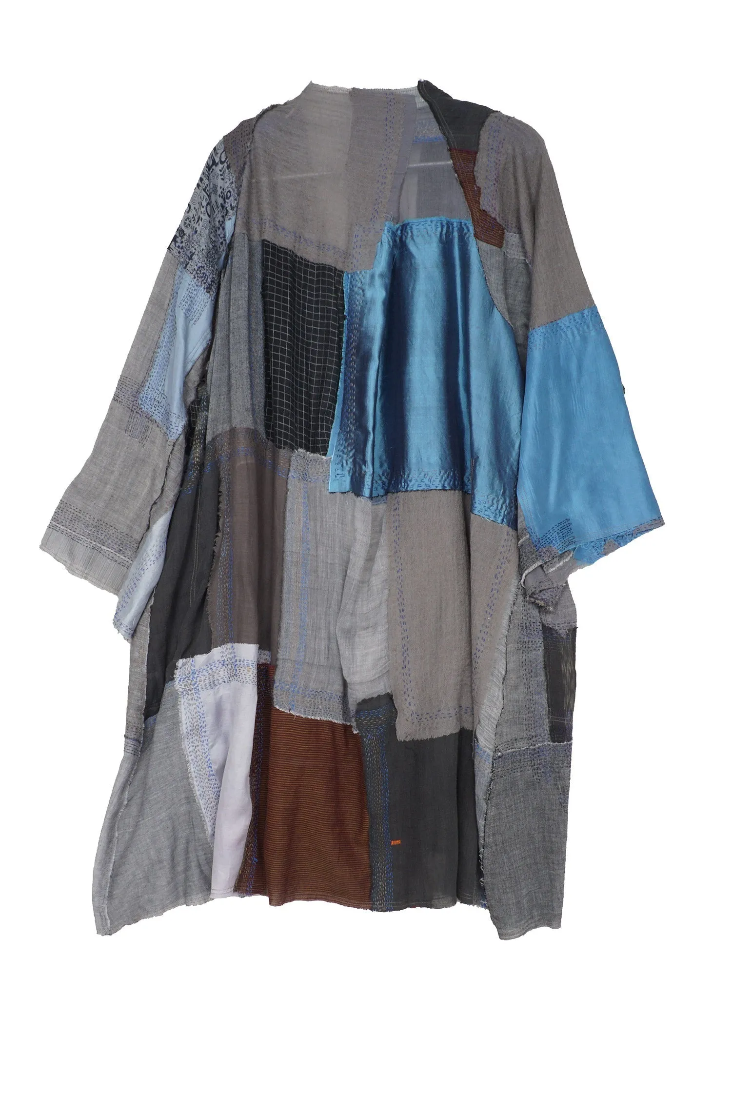 MOSAIC TILE PATCH KANTHA KIMONO DUSTER - mt1317-gry -