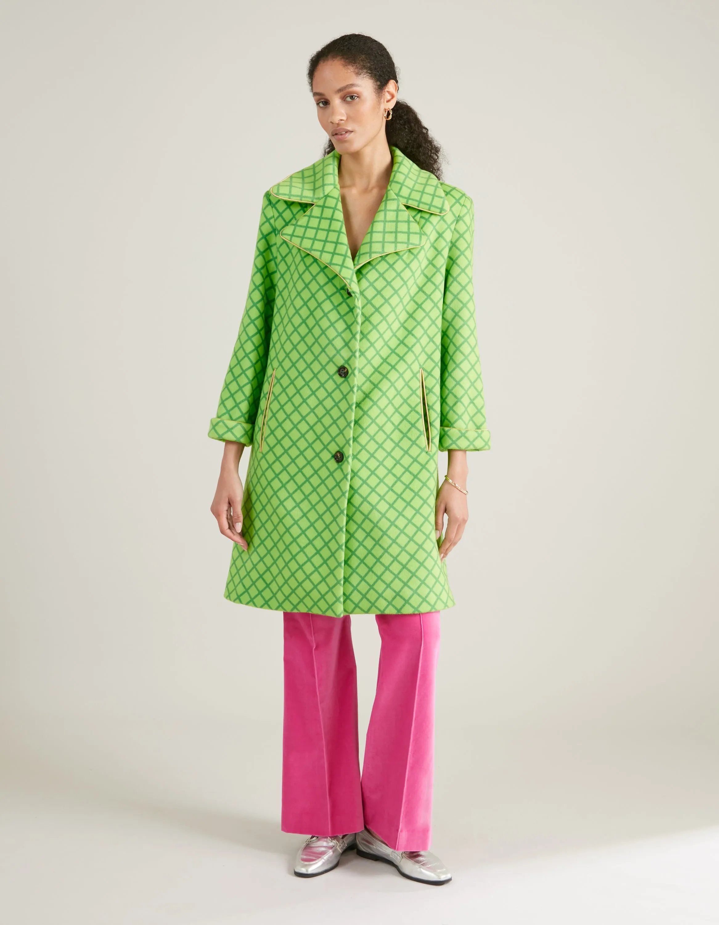 Nandi Green Mesh Print Cashmere And Wool Coat