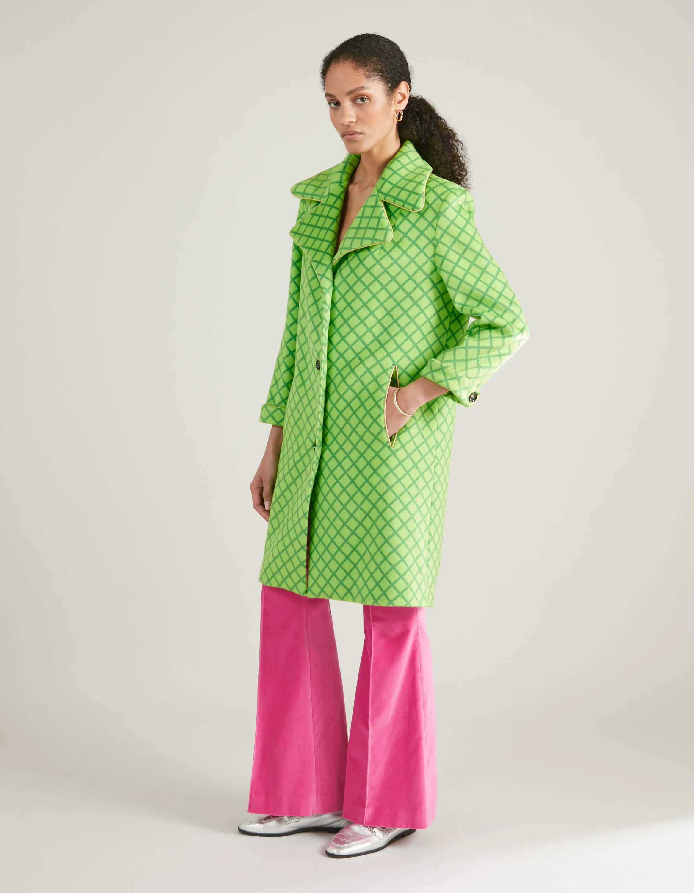Nandi Green Mesh Print Cashmere And Wool Coat