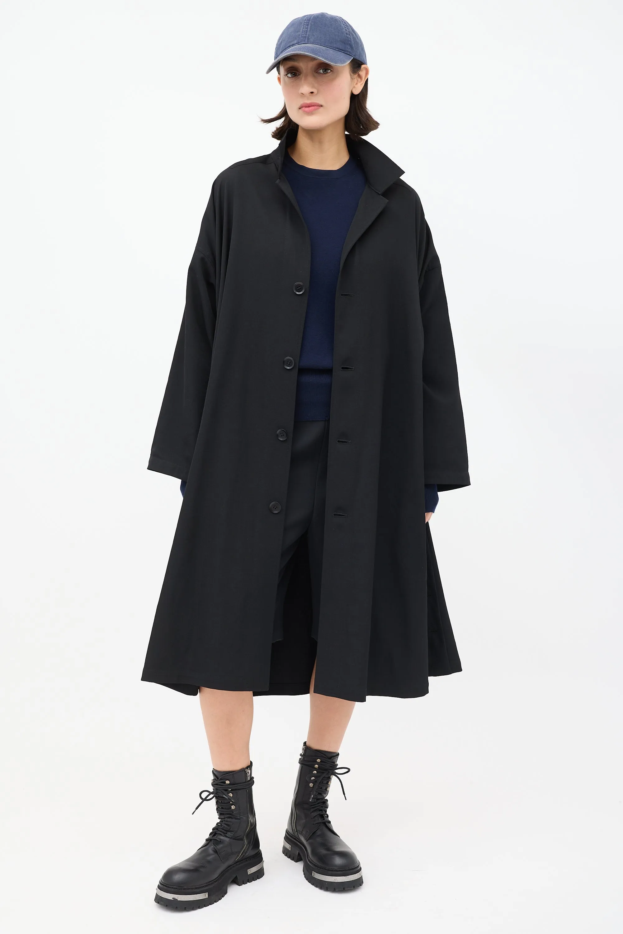 Noir Black Wool Ruched Side Button Up Coat