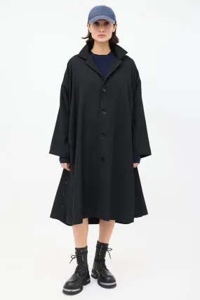 Noir Black Wool Ruched Side Button Up Coat