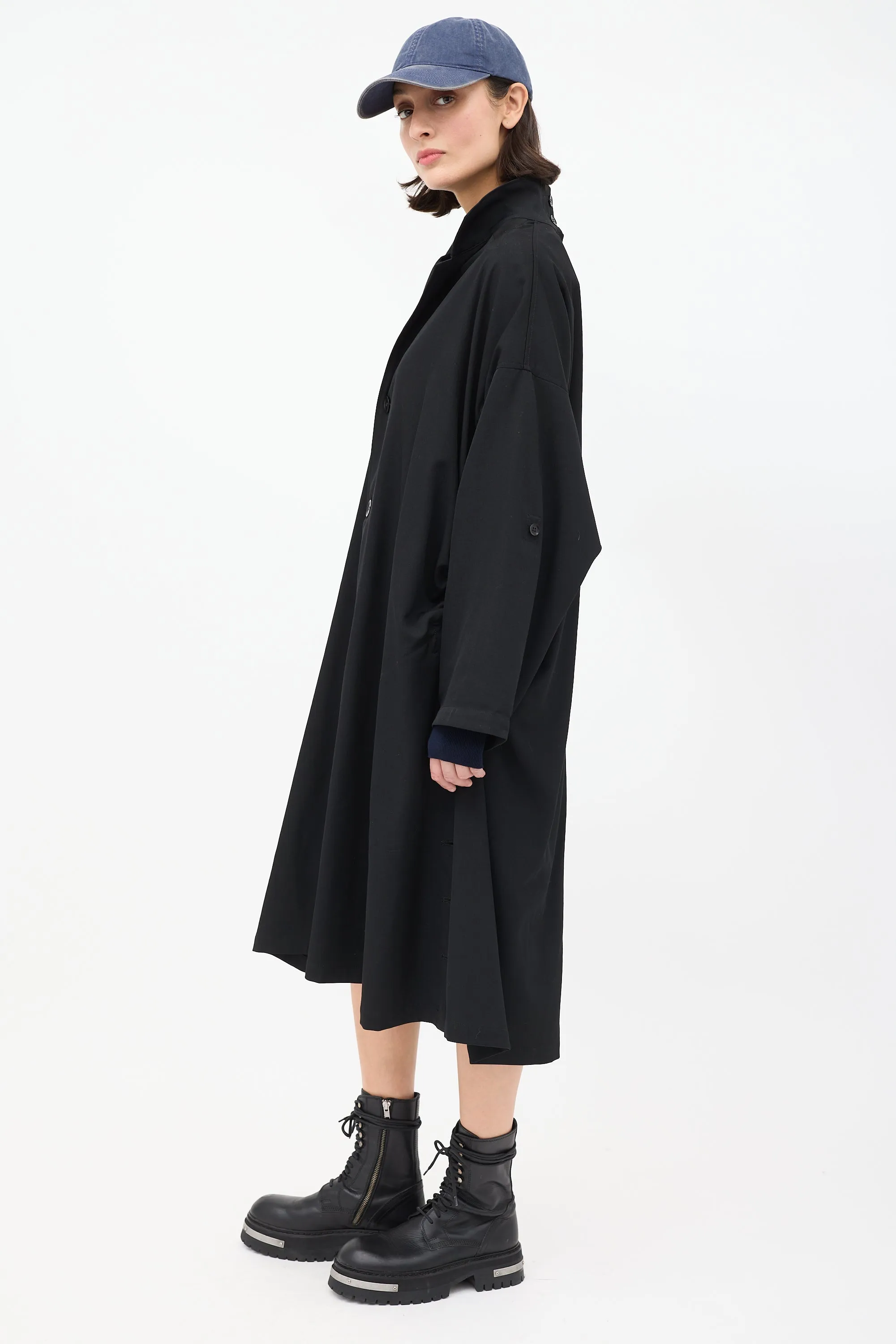 Noir Black Wool Ruched Side Button Up Coat