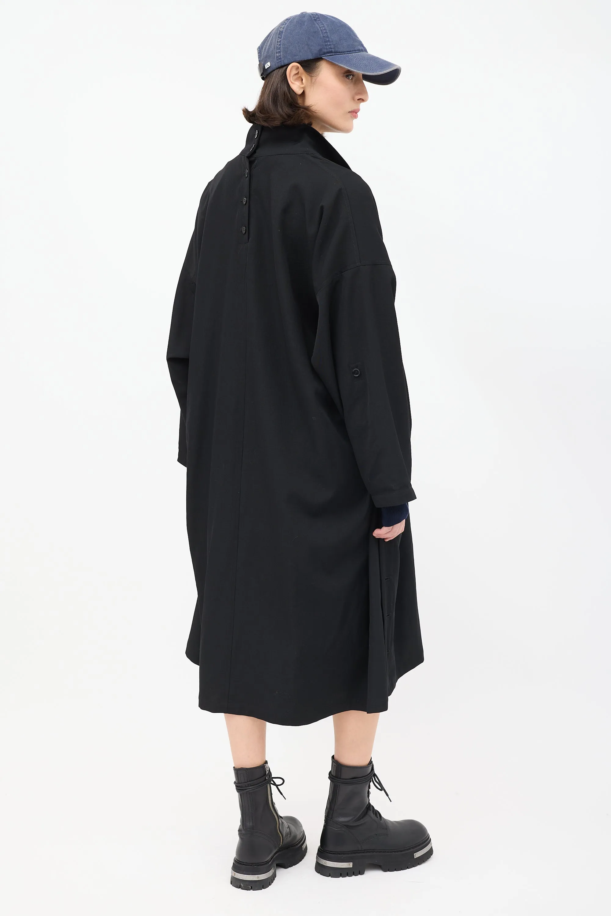 Noir Black Wool Ruched Side Button Up Coat