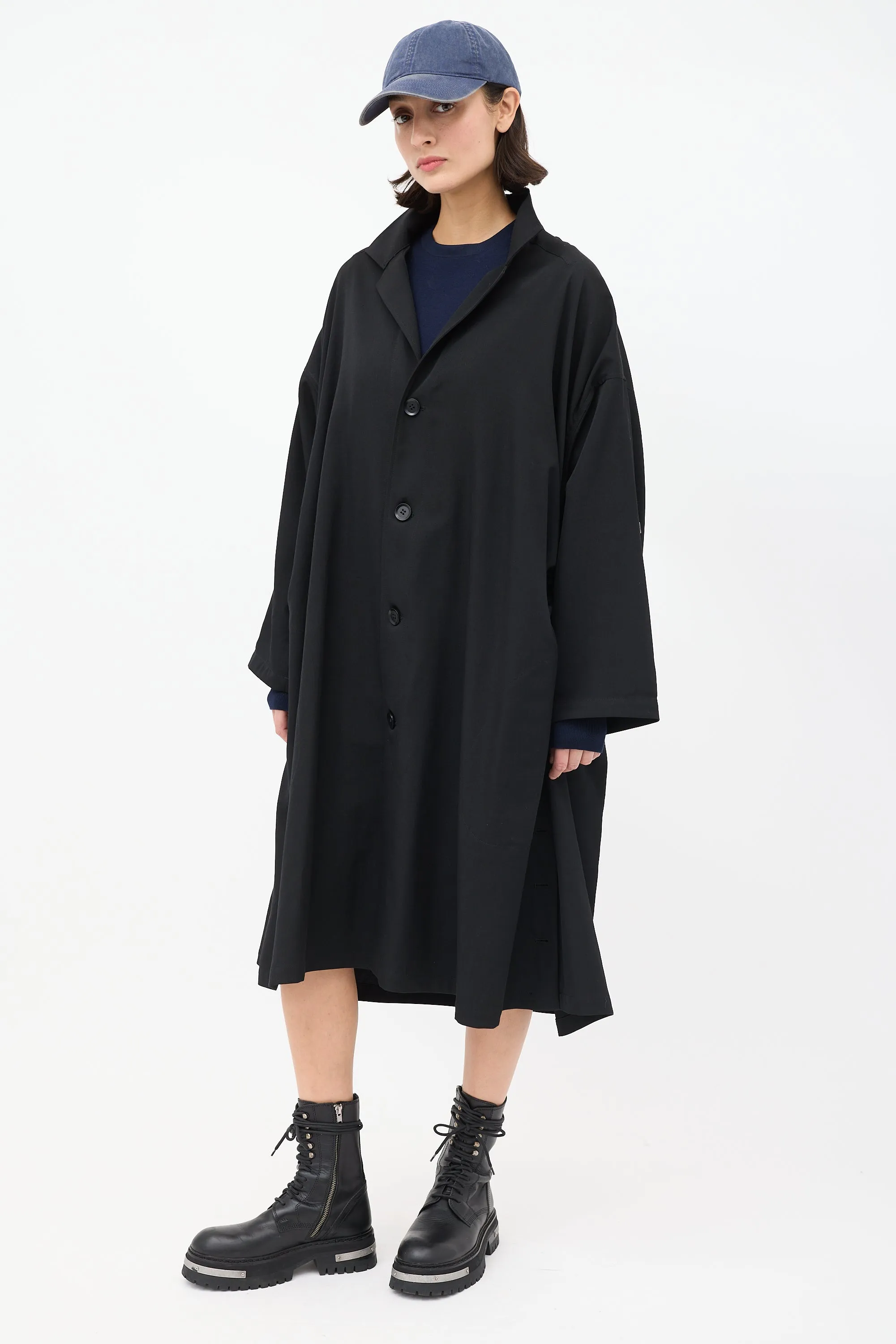 Noir Black Wool Ruched Side Button Up Coat