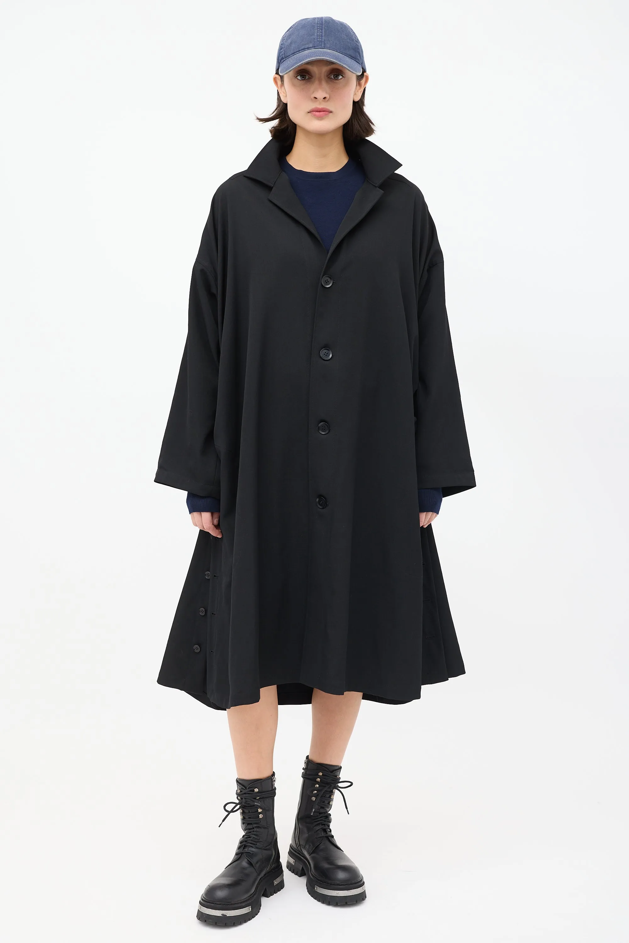 Noir Black Wool Ruched Side Button Up Coat