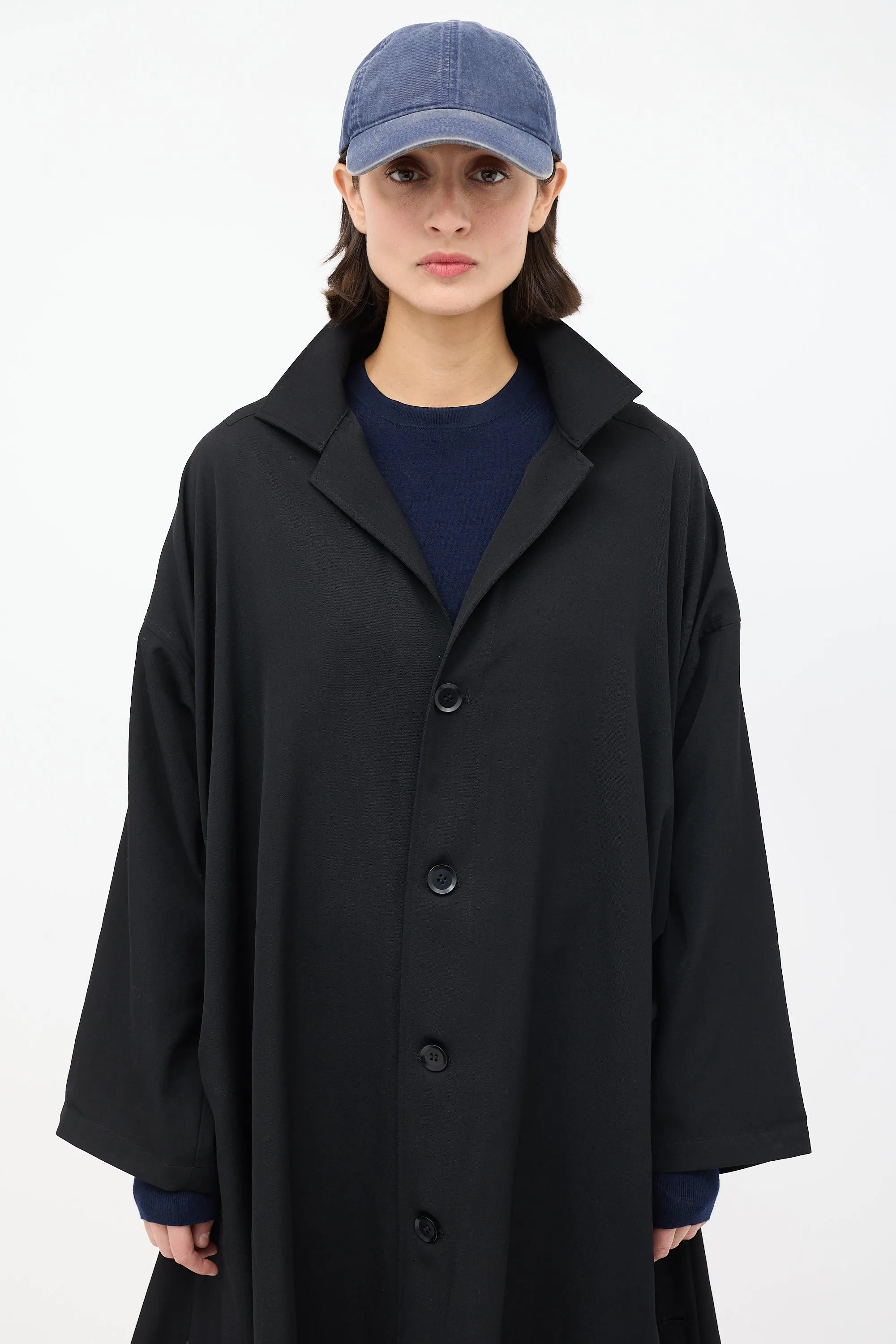Noir Black Wool Ruched Side Button Up Coat