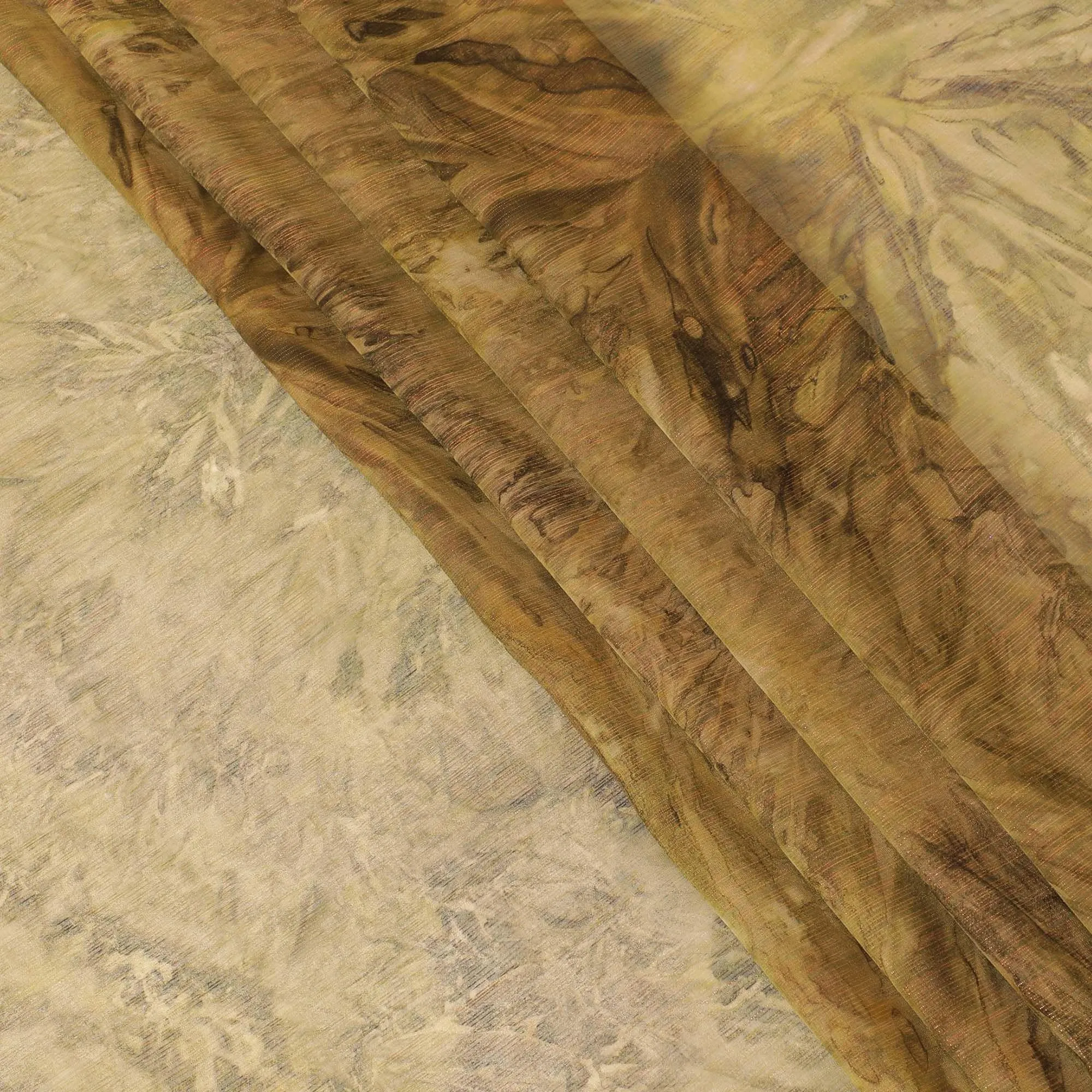 Olive green synthetic chiffon fabric with same tone, mocha brown print having pink metallic lurex in batik design-D9753