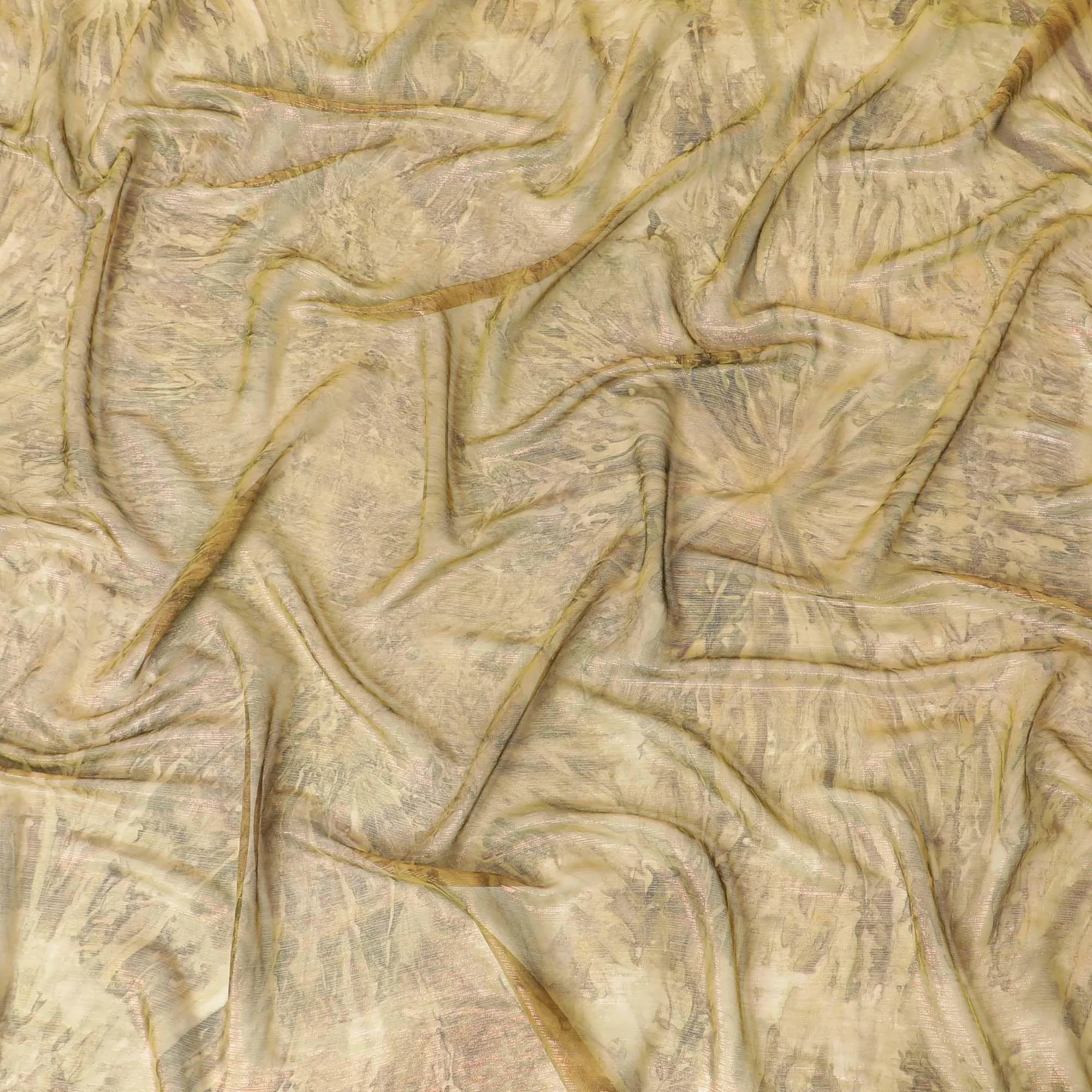 Olive green synthetic chiffon fabric with same tone, mocha brown print having pink metallic lurex in batik design-D9753