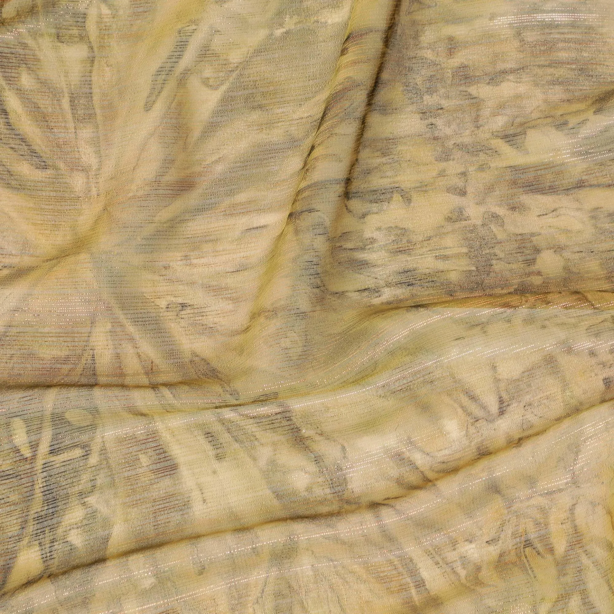 Olive green synthetic chiffon fabric with same tone, mocha brown print having pink metallic lurex in batik design-D9753