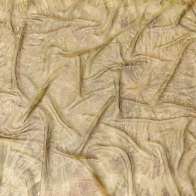 Olive green synthetic chiffon fabric with same tone, mocha brown print having pink metallic lurex in batik design-D9753