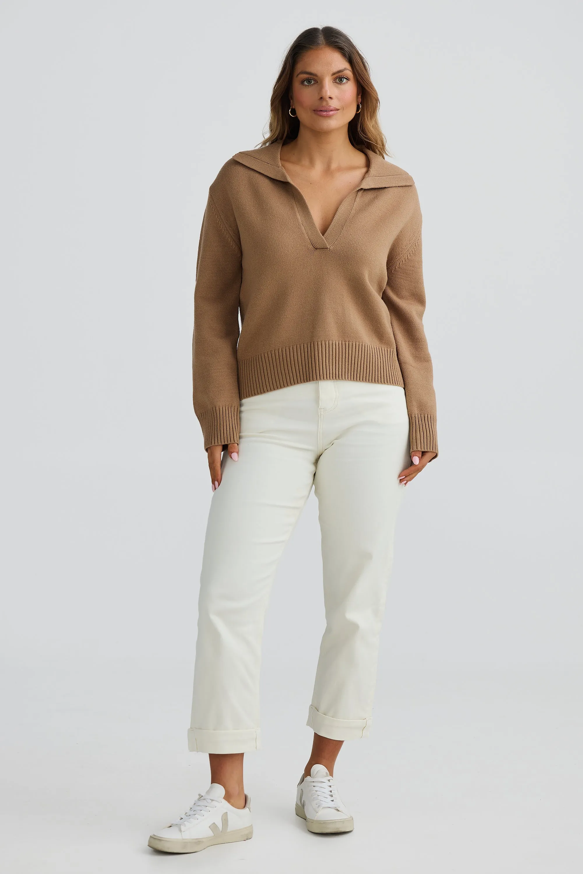 Open Collar Knit Jumper - Mocha