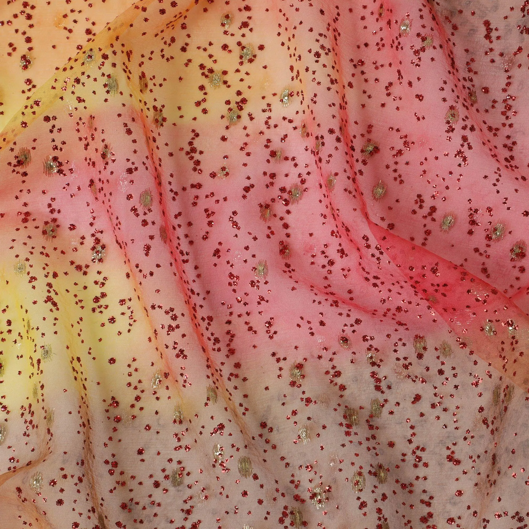 Orange, lemon yellow, ruby pink silk chiffon fabric with crimson red glitter having gold metallic lurex in fancy design