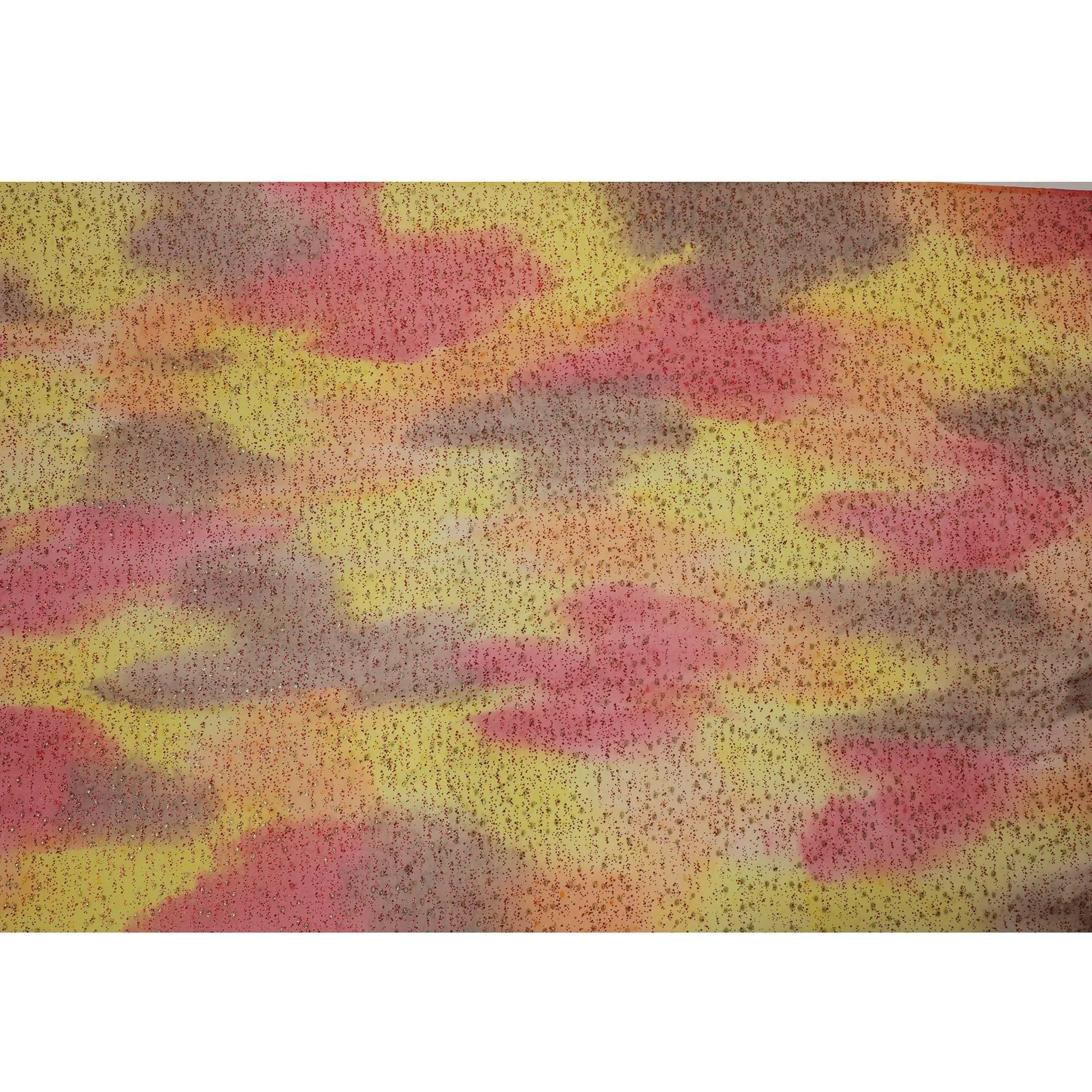 Orange, lemon yellow, ruby pink silk chiffon fabric with crimson red glitter having gold metallic lurex in fancy design