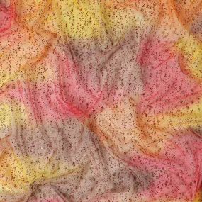 Orange, lemon yellow, ruby pink silk chiffon fabric with crimson red glitter having gold metallic lurex in fancy design