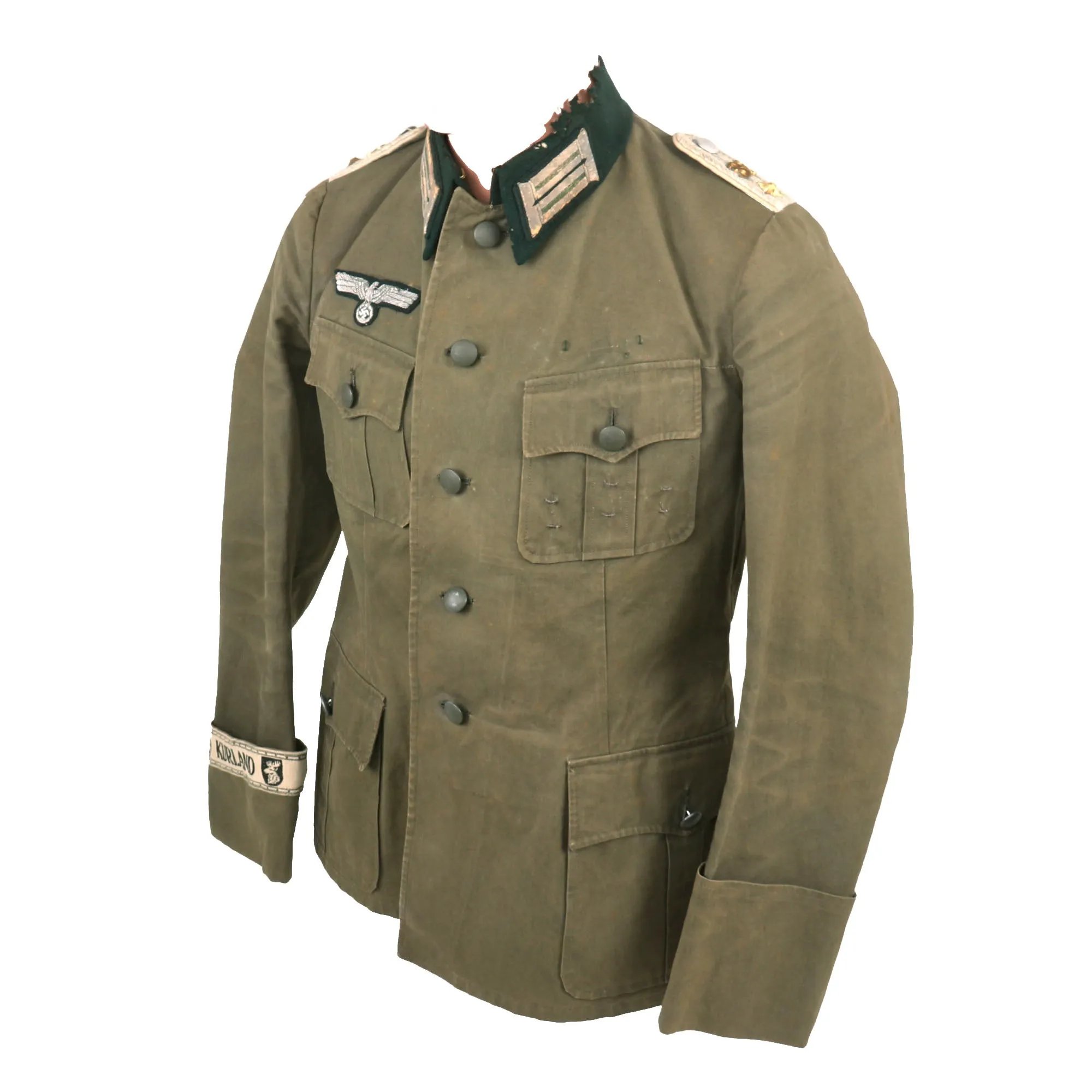 Original German WWII Heer Infantry Oberleutnant Officer Summer Weight M36 Field Tunic by Wilhelm Holters with Rare Kurland Cuff Title - Infanterie Regiment 32