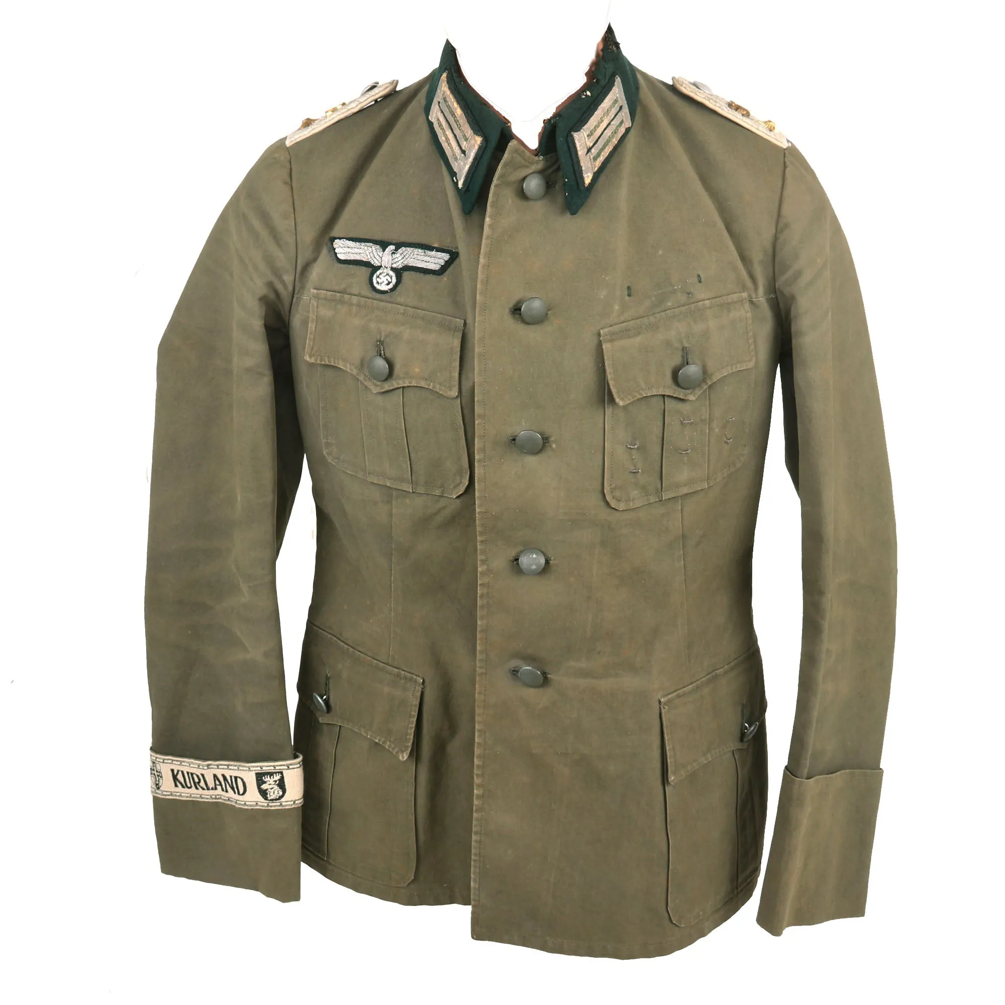 Original German WWII Heer Infantry Oberleutnant Officer Summer Weight M36 Field Tunic by Wilhelm Holters with Rare Kurland Cuff Title - Infanterie Regiment 32