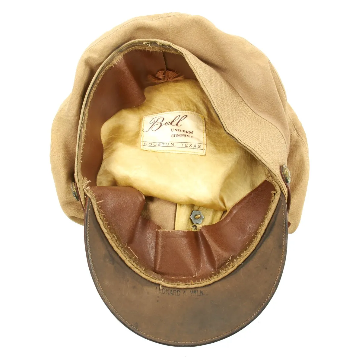 Original U.S. WWII USAAF Named Officer Khaki Crush Peaked Visor Cap by Bell - Leonard A. Wilkes