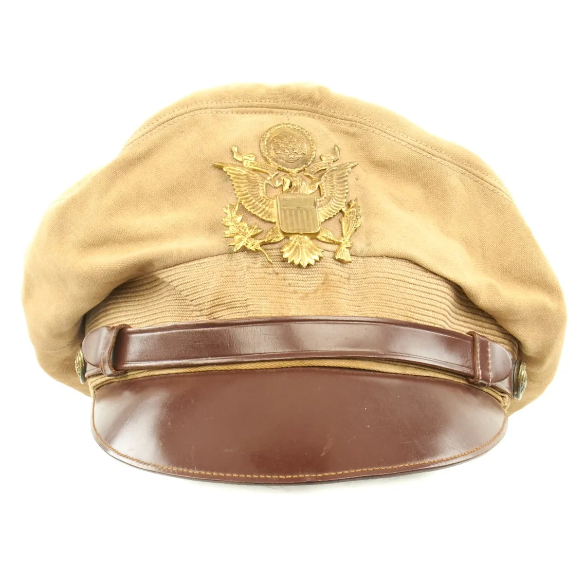 Original U.S. WWII USAAF Named Officer Khaki Crush Peaked Visor Cap by Bell - Leonard A. Wilkes
