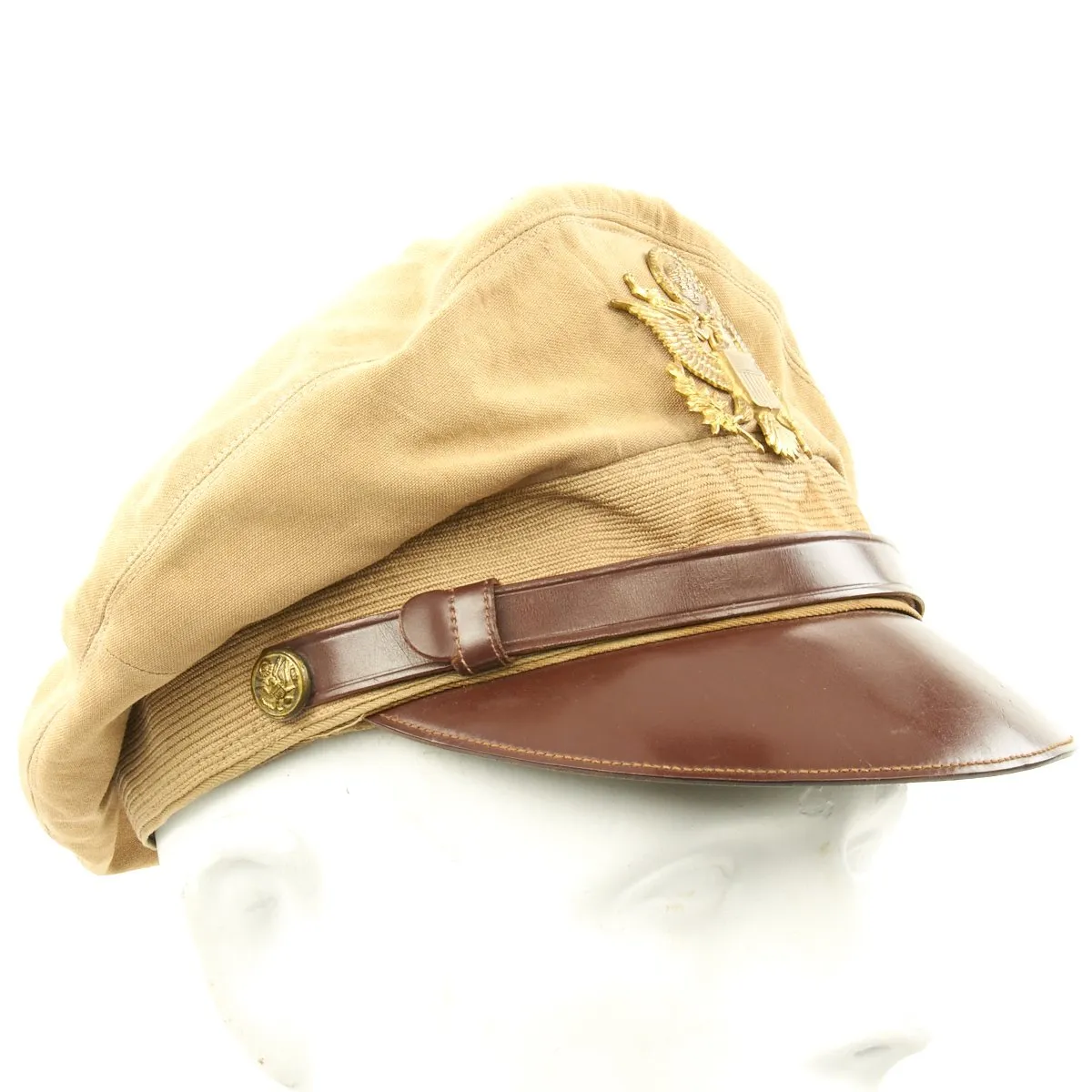 Original U.S. WWII USAAF Named Officer Khaki Crush Peaked Visor Cap by Bell - Leonard A. Wilkes