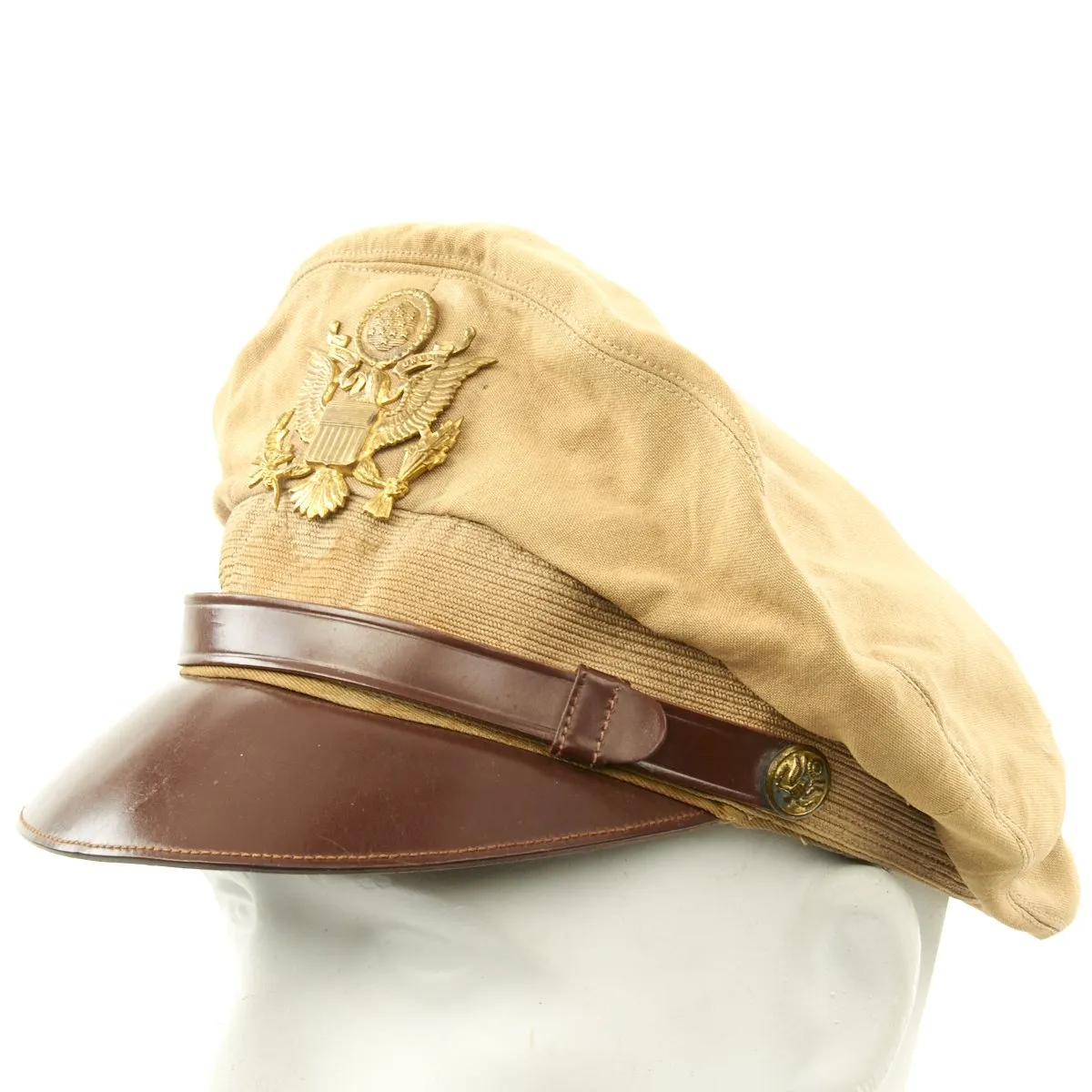 Original U.S. WWII USAAF Named Officer Khaki Crush Peaked Visor Cap by Bell - Leonard A. Wilkes