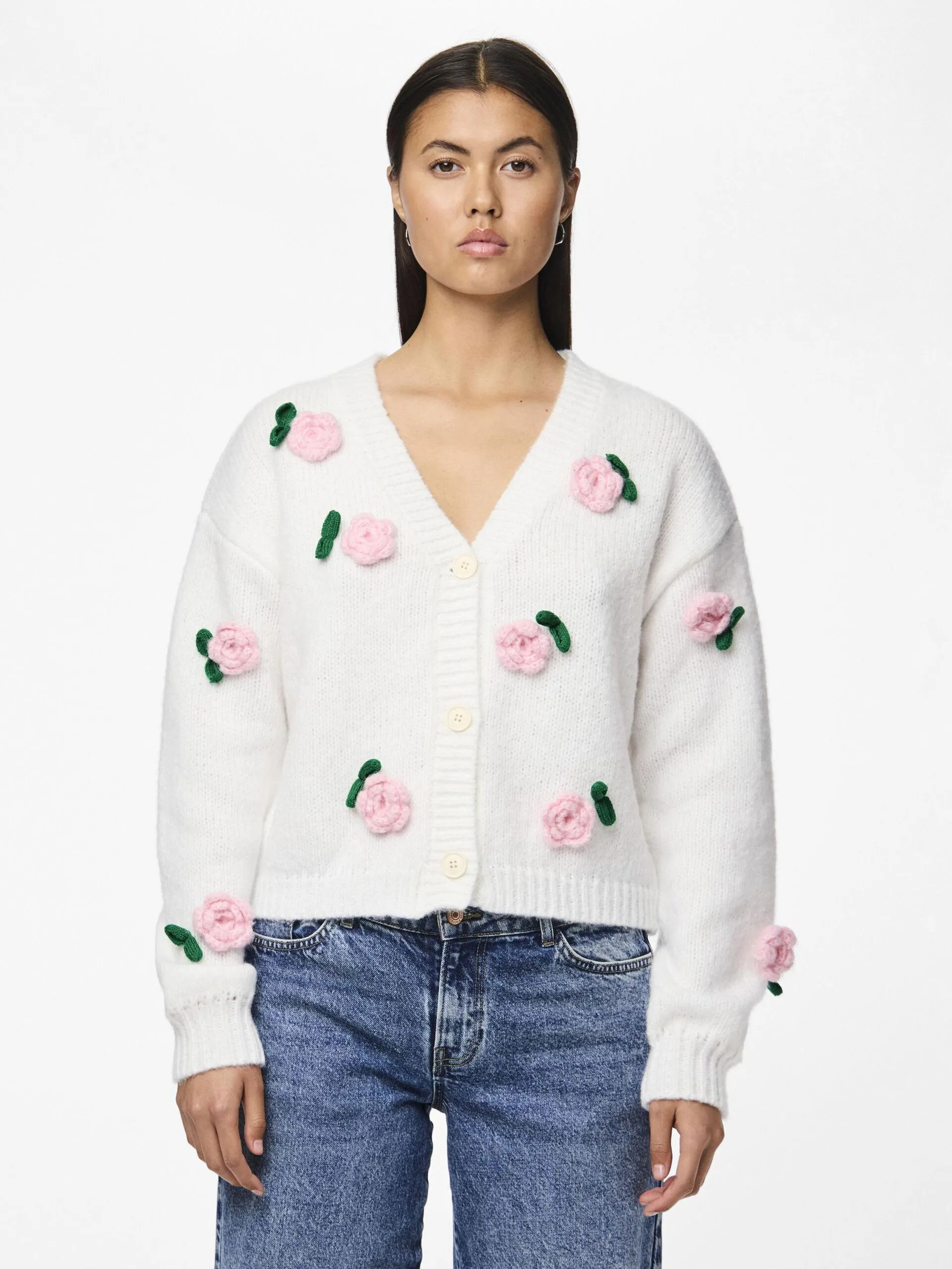 Pieces - White Chunky Knit Cardigan with Pink Roses