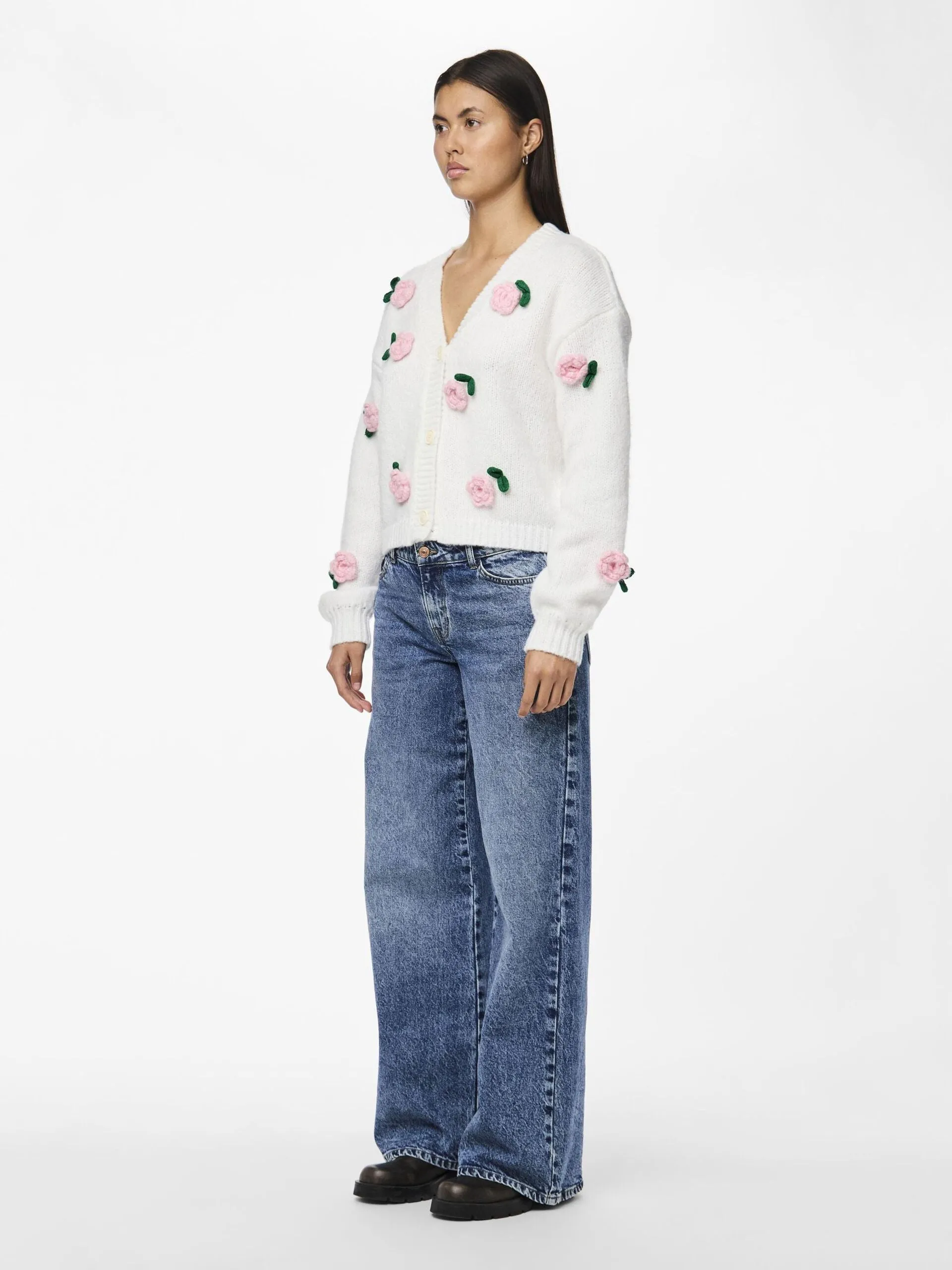 Pieces - White Chunky Knit Cardigan with Pink Roses