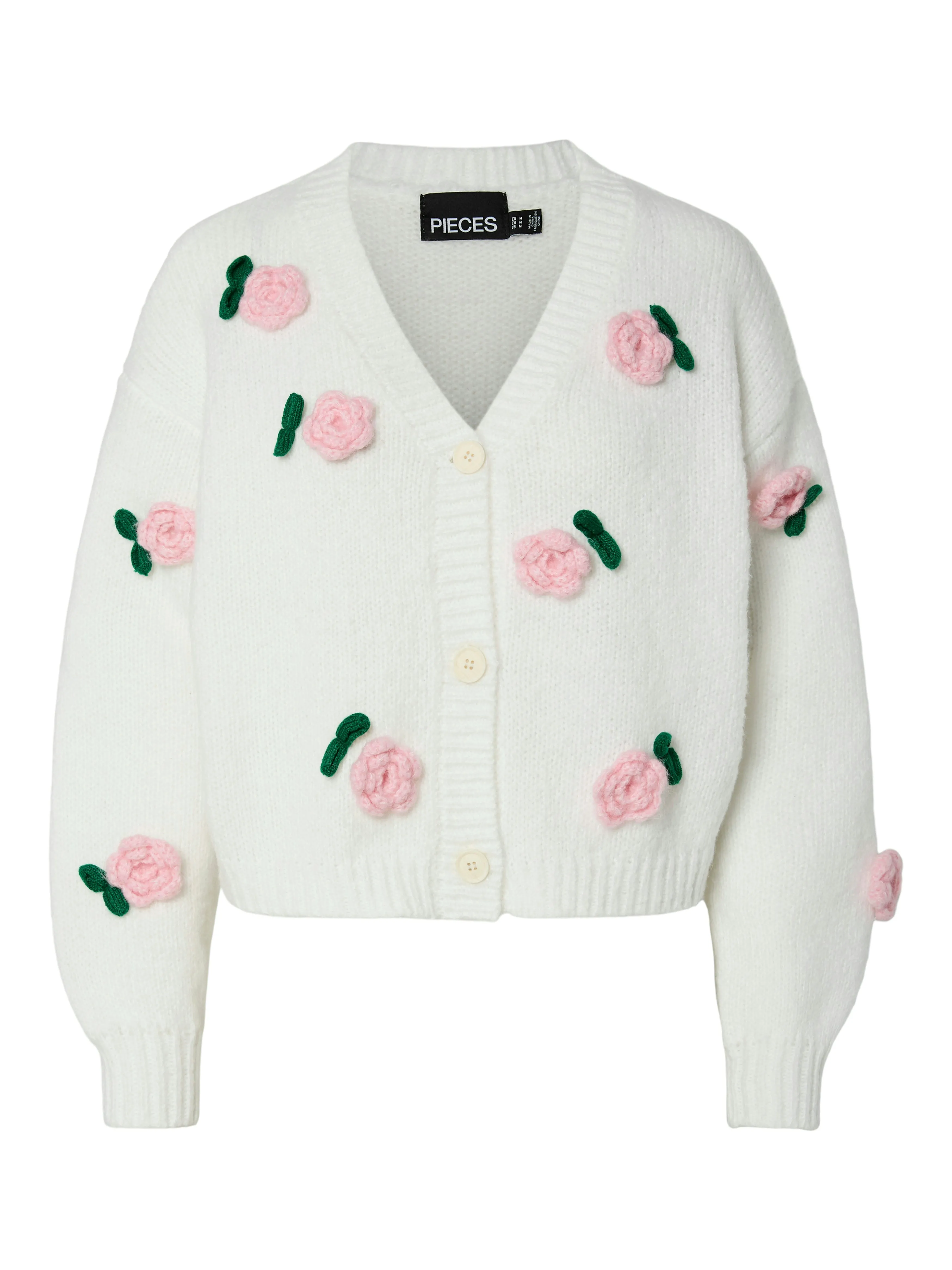 Pieces - White Chunky Knit Cardigan with Pink Roses