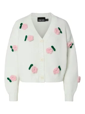 Pieces - White Chunky Knit Cardigan with Pink Roses