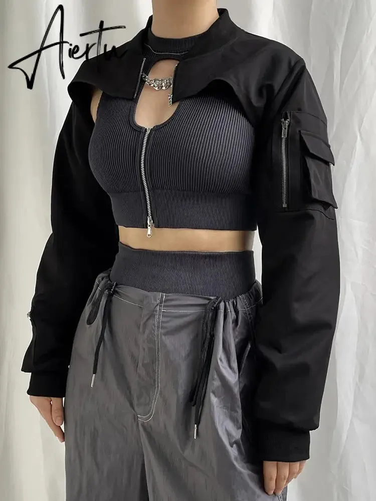 Punk Style Super Cropped Jacket Zip Up Pocket Patchwork Cargo Jackets Women Outfits Streetwear Black Coat Korean Fashion