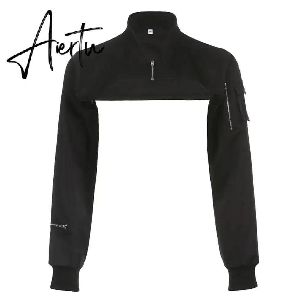 Punk Style Super Cropped Jacket Zip Up Pocket Patchwork Cargo Jackets Women Outfits Streetwear Black Coat Korean Fashion
