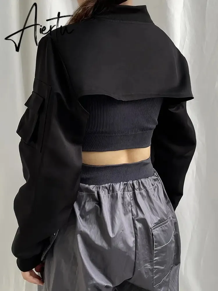 Punk Style Super Cropped Jacket Zip Up Pocket Patchwork Cargo Jackets Women Outfits Streetwear Black Coat Korean Fashion