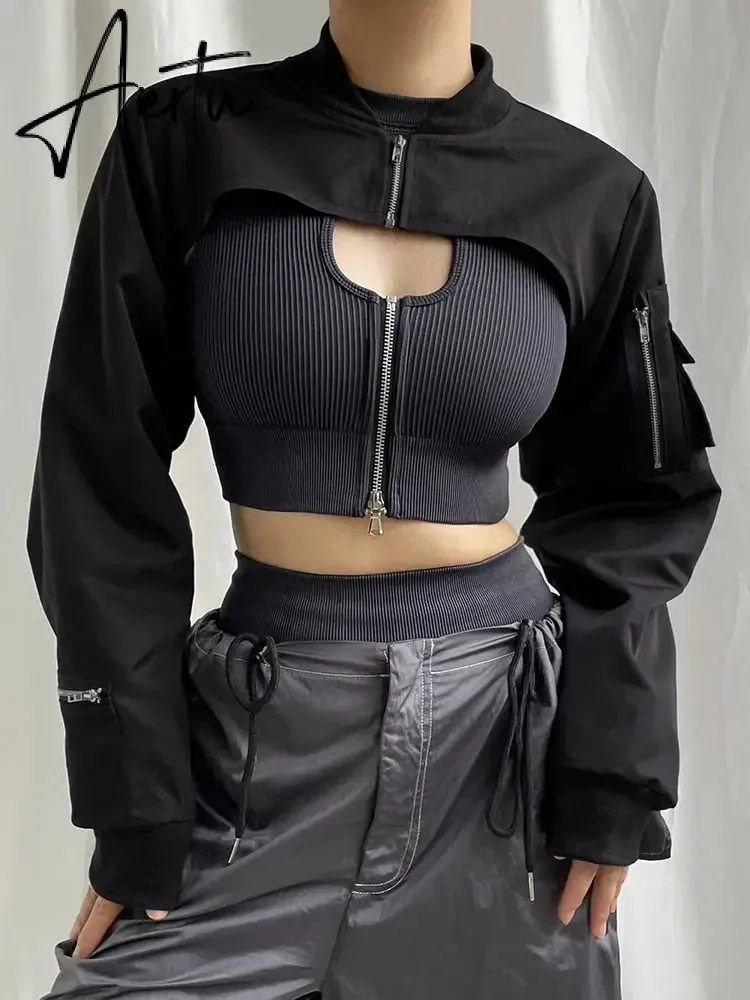 Punk Style Super Cropped Jacket Zip Up Pocket Patchwork Cargo Jackets Women Outfits Streetwear Black Coat Korean Fashion