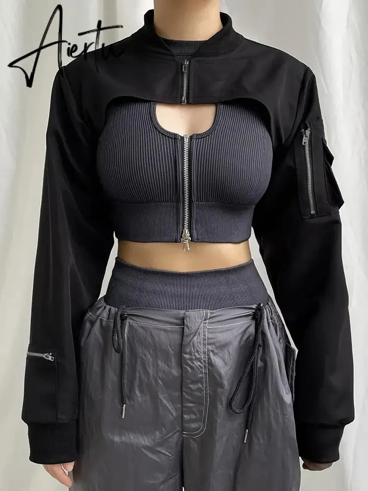 Punk Style Super Cropped Jacket Zip Up Pocket Patchwork Cargo Jackets Women Outfits Streetwear Black Coat Korean Fashion
