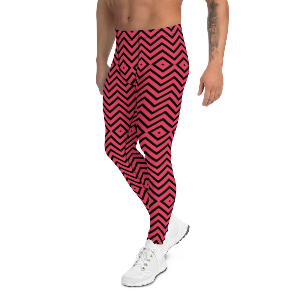 Red Black Chevron Men's Leggings, Retro Style Meggings Compression Tights For Men - Made in USA/EU/MX