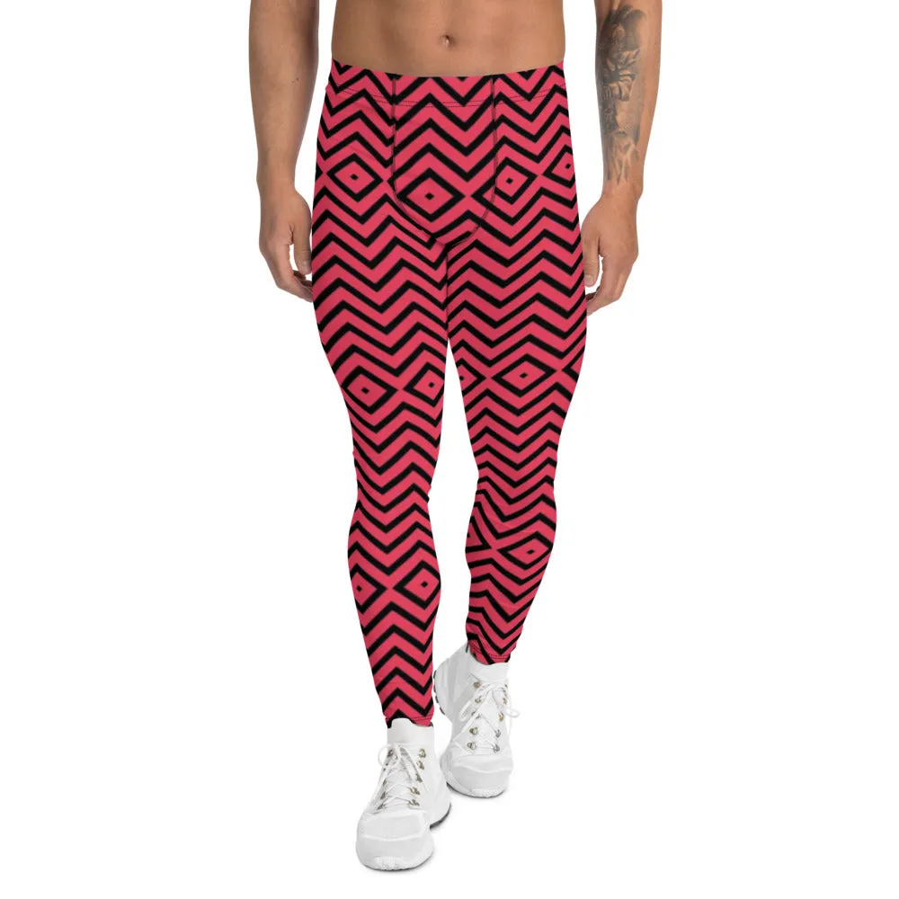 Red Black Chevron Men's Leggings, Retro Style Meggings Compression Tights For Men - Made in USA/EU/MX