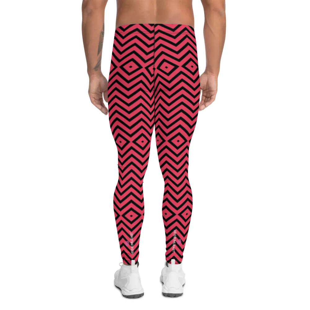Red Black Chevron Men's Leggings, Retro Style Meggings Compression Tights For Men - Made in USA/EU/MX