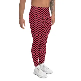 Red Black Chevron Men's Leggings, Retro Style Meggings Compression Tights For Men - Made in USA/EU/MX