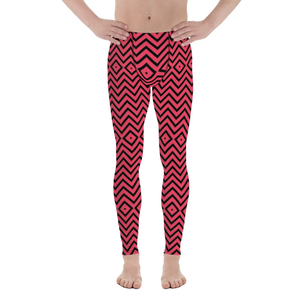 Red Black Chevron Men's Leggings, Retro Style Meggings Compression Tights For Men - Made in USA/EU/MX