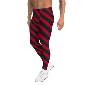 Red Black Diagonal Striped Meggings, Best Festival Men's Leggings Running Compression Tights For Men - Made in USA/EU/MX