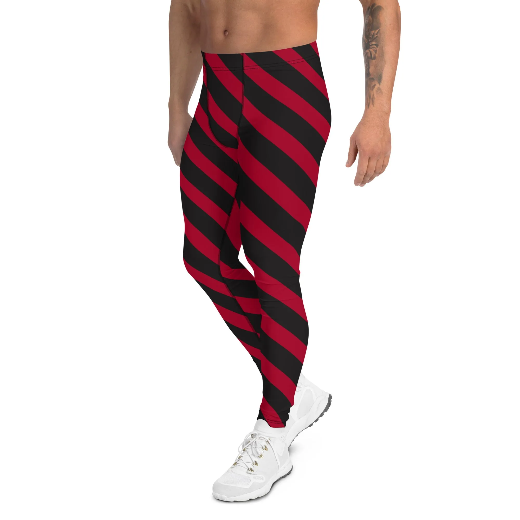Red Black Diagonal Striped Meggings, Best Festival Men's Leggings Running Compression Tights For Men - Made in USA/EU/MX