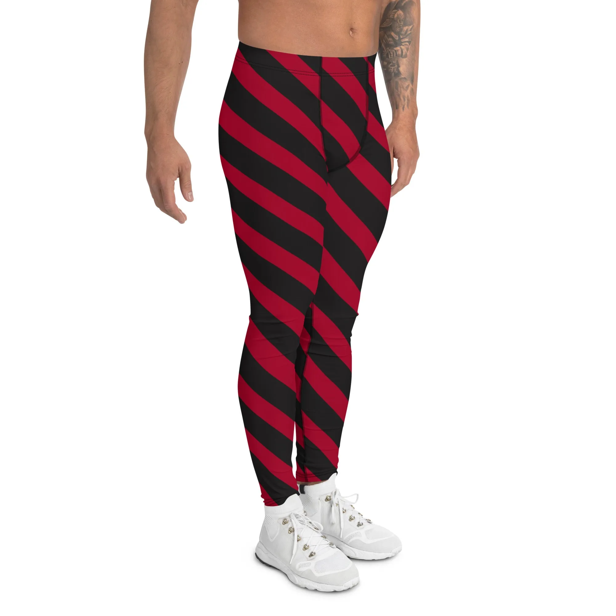 Red Black Diagonal Striped Meggings, Best Festival Men's Leggings Running Compression Tights For Men - Made in USA/EU/MX