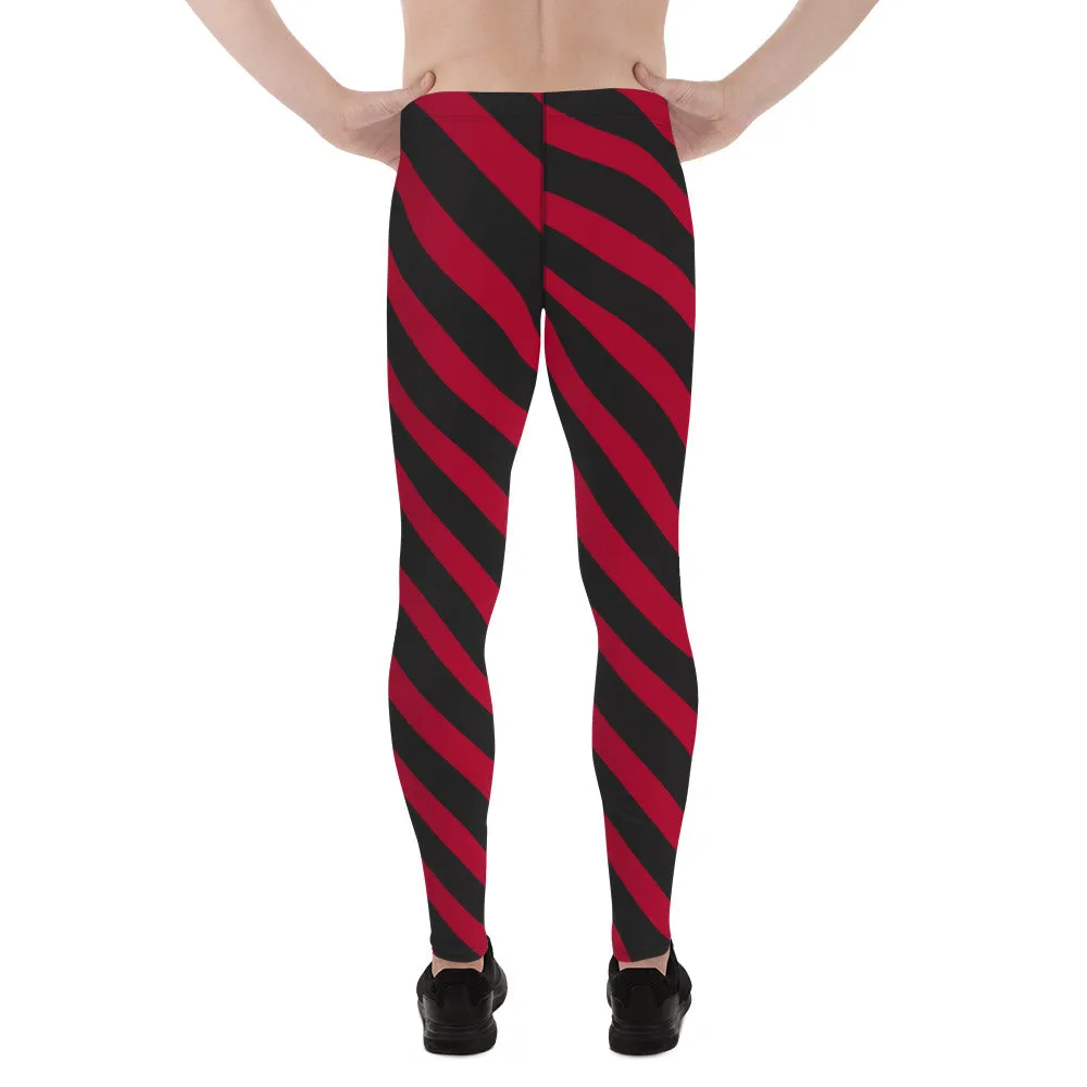 Red Black Diagonal Striped Meggings, Best Festival Men's Leggings Running Compression Tights For Men - Made in USA/EU/MX