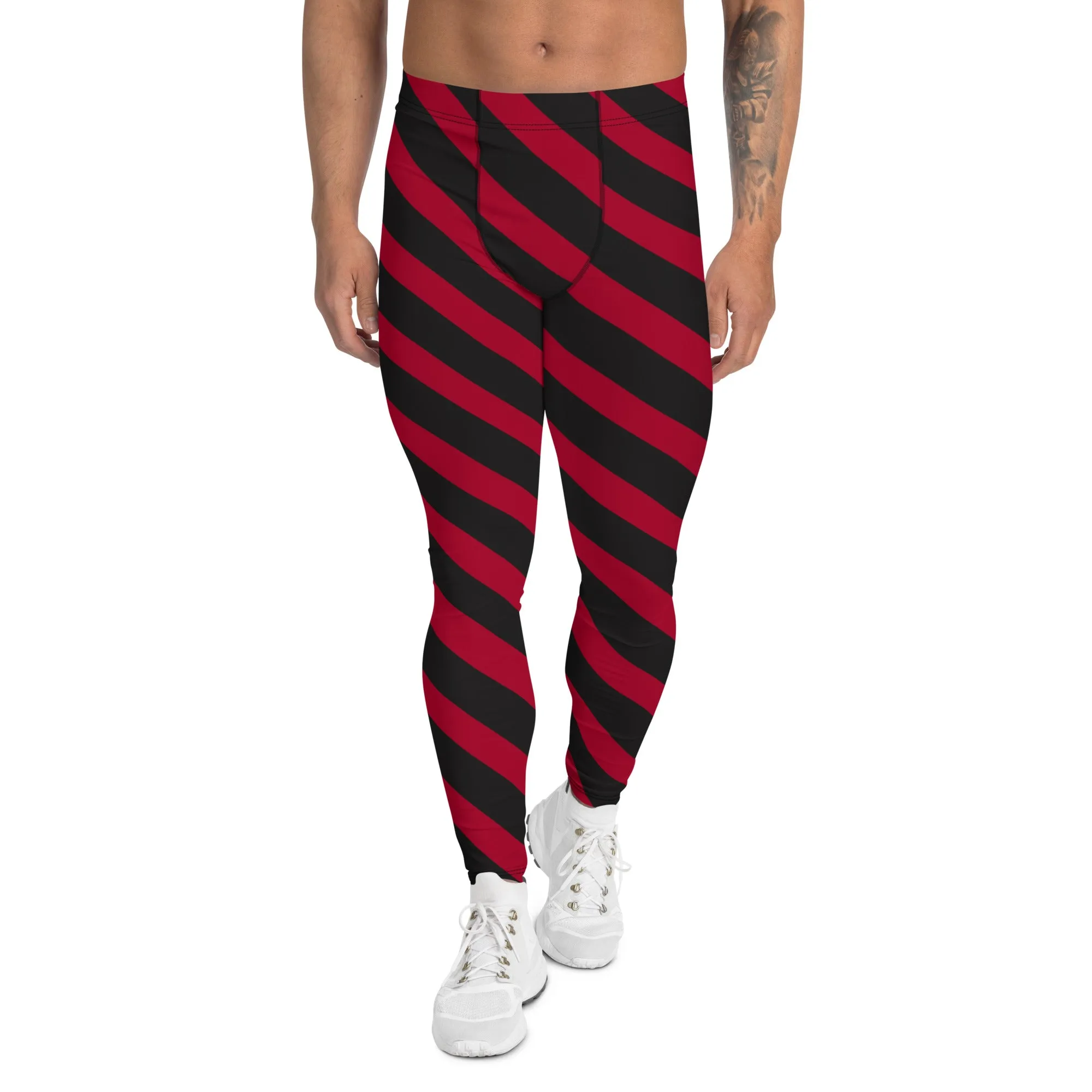 Red Black Diagonal Striped Meggings, Best Festival Men's Leggings Running Compression Tights For Men - Made in USA/EU/MX