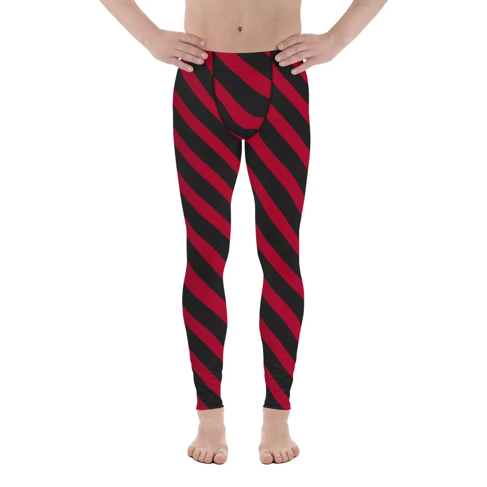 Red Black Diagonal Striped Meggings, Best Festival Men's Leggings Running Compression Tights For Men - Made in USA/EU/MX