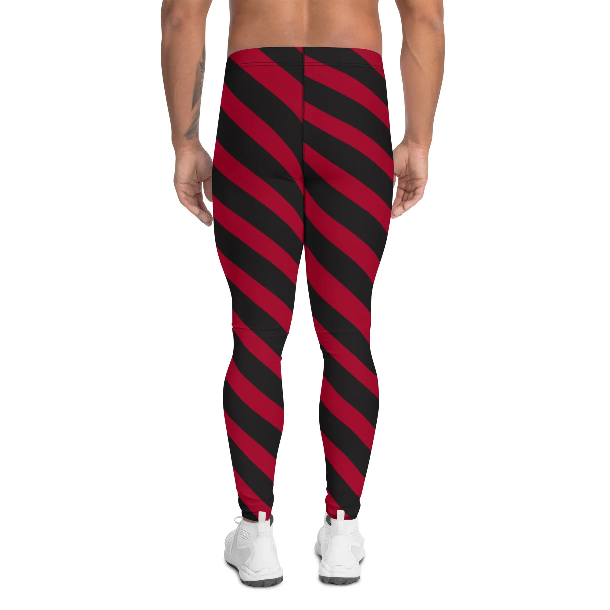 Red Black Diagonal Striped Meggings, Best Festival Men's Leggings Running Compression Tights For Men - Made in USA/EU/MX